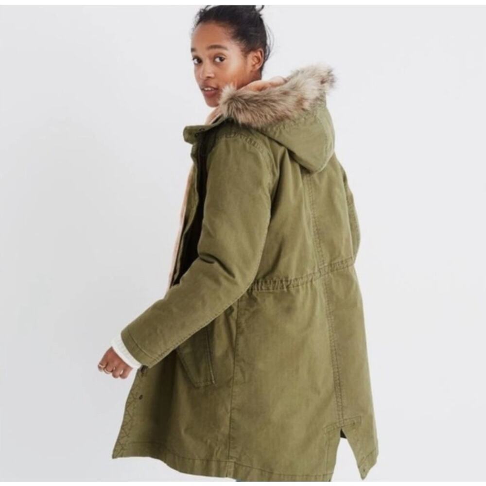 Madewell Bedford Convertible Faux Fur Lined Jacket Parka Anorak Hood Green XL - Picture 2 of 11